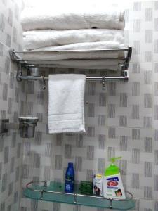 布莱尔港ANDAMAN VILLA的浴室提供毛巾和带毛巾的架子