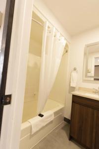 BeresfordMotel 7 Inn & Suites的带淋浴、浴缸和盥洗盆的浴室