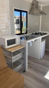 艾迪亚梅科Solmeco Park的厨房配有微波炉和炉灶。