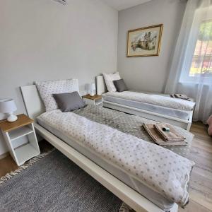 MátraterenyeWhite Luxury Cottage- Mátrai Vadászház 4的一间卧室设有两张床和窗户。