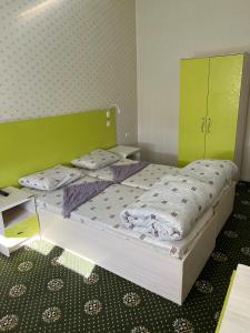 杜尚别Anisa- Hostel的一间卧室配有一张带绿色床头板的床