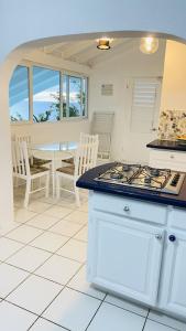 Cap EstateVilla Ocean Blu的一间带炉灶的厨房 桌子旁的顶部烤箱