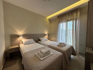 欧拉努波利斯Yulia Luxury Apartment的酒店客房设有两张床和窗户。