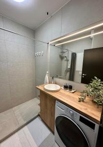 布达佩斯Cityscape Apartment ~ AC/Indoor parking/Balcony的一间带水槽和洗衣机的浴室