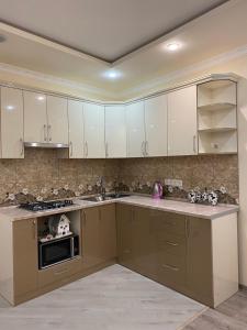 迪利然SD House的厨房配有白色橱柜和炉灶烤箱。