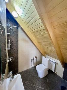 盖贝莱EMIREST Barnhouse的一间带白色卫生间和木制天花板的浴室