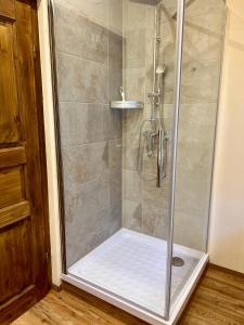 布兰肯海姆Apartment Georgstor im Posthalterhof mit Sauna的浴室里设有玻璃门淋浴