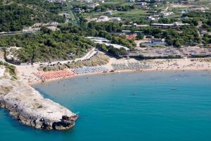 维耶斯泰Villaggio Turistico Scialmarino的和水中的人一起欣赏海滩的空中景色