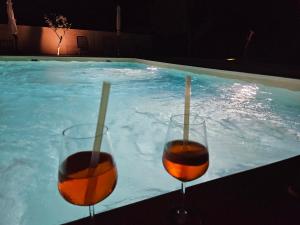 罗维尼Apartmani Gržinić的游泳池前两杯葡萄酒