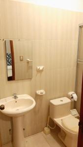 伊基托斯102 RV APARTMENTS IQUITOS-APARTAMENTO FAMILIAR CON PISCINA的一间带水槽、卫生间和镜子的浴室