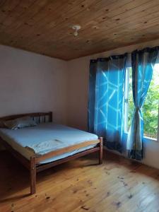 ApóstolesDepartamentos Sato的一间卧室配有床和蓝色窗帘的窗户