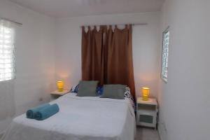 里奥圣胡安Casa de las Mariposas的一间卧室配有一张带两盏灯的大型白色床。