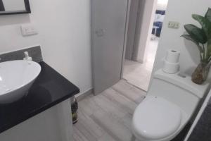 里奥圣胡安Casa de las Mariposas的浴室配有白色卫生间和盥洗盆。