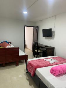 萨兰托Mi Balconcito的一间卧室配有两张床、一张桌子和一台电视。