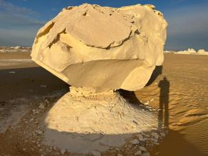 Az ZabūEgypt white and black desert with Camping的海滩上的一个大岩石