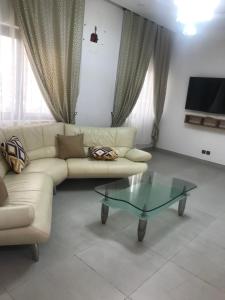 科托努Hotel Bel Azur Cotonou的带沙发和玻璃茶几的客厅