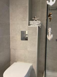 普罗夫迪夫Luxury Central Apartment的带淋浴、卫生间和盥洗盆的浴室