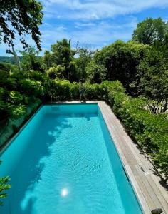 蒙特利马尔L'annexe du domaine de brisset的拥有蓝色海水和树木的游泳池