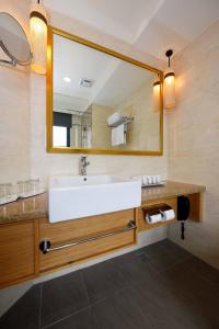 花莲市福容大饭店的浴室设有白色水槽和镜子