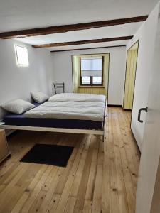 艾罗洛Airolo with private parking的一间卧室配有一张床,铺有木地板