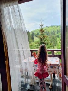 波亚纳布拉索夫Poiana Cristian的一个小女孩站在一个窗外的阳台上