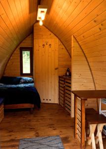 GórzankaDomek Wilcza Wola 2的小木屋内的卧室,配有床和窗户