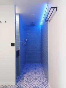 奥德纳尔德In 't Wiel Oudenaarde的带淋浴的浴室和蓝色瓷砖墙壁