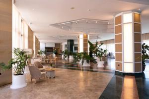 安特克拉Hotel Antequera Hills的大堂设有盆栽和桌椅