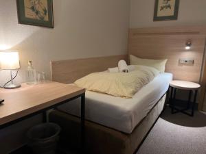 阿沙芬堡桑德豪斯阿尔特斯酒店的一间卧室配有一张床和一张带台灯的书桌
