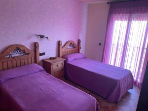 卡沃内拉斯Apartamento 3 tesoros的卧室内的两张床,配有紫色床单