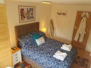 布里斯托Exclusive use of Garden Room!!的一间小卧室,配有一张带蓝色棉被的床