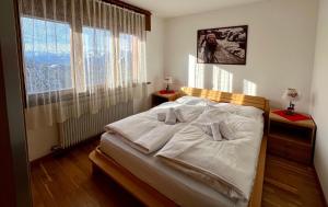 特伦托B&B CHALET NICOLUSSI的一间卧室配有一张带白色床单的床和一扇窗户。