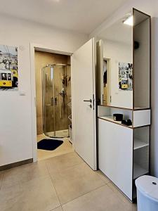 皮塞克Apartmán Zlatý kříž的带淋浴、盥洗盆和卫生间的浴室