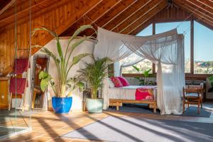圣胡斯托德斯韦尔恩BARCELONA´S TROPICAL OASIS的一间卧室配有天蓬床和盆栽植物