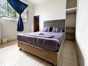塔拉波托El Mural Backpackers的一间卧室配有一张带紫色床单的大床