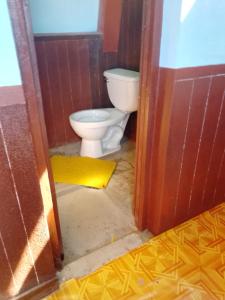 Isla de la LunaHostal Qhana Pacha的一间带卫生间和黄色地毯的浴室