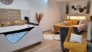 La BasséeGrand Studio magnifique avec Spa privatif illimité的带浴缸的浴室和1间带1张床的卧室