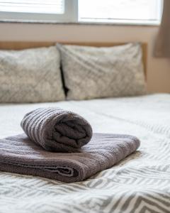 索非亚Cozy little apartment in the heart of Studentski grad的床上的一大堆毛巾
