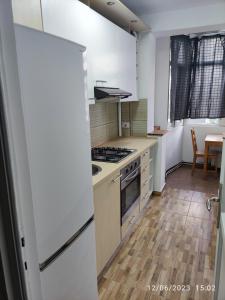 布加勒斯特Fabian central apartment的一间带炉灶的厨房 桌子旁的顶部烤箱