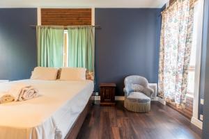 Le Patchouli Billard, Jardin & Confort的卧室拥有蓝色的墙壁,配有一张床和椅子