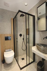 埃尔莫波利斯Cozy By Syros Bnb的带淋浴、卫生间和盥洗盆的浴室