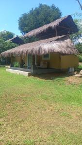 TalakolawelaWeb of Life Resort Wasgamuwa的田野上带草屋顶的小小屋