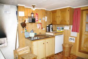 Valendas布伦度假屋的一个带木制橱柜和水槽的小厨房
