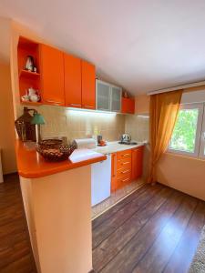 威尔帕扎Village house Iva的厨房配有橙色橱柜和台面