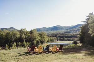 伍德斯托克Lumen Nature Retreat的坐在湖边田野上的一组椅子