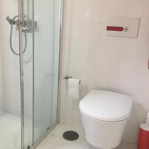 布拉加ÍSIS Guest House的一间带卫生间和玻璃淋浴间的浴室