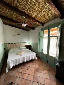 奥里斯塔诺Graziosa stanza campidanese Su terzu的一间卧室配有一张床和吊扇