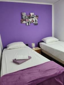 里耶卡史蒂芬妮公寓的紫色墙壁客房的两张床