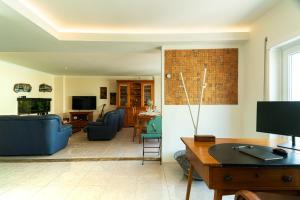 塞沙尔Family Comfort House的客厅配有蓝色的沙发和电视