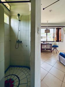 洛佩斯港CASA MOSAICO的一间带淋浴的浴室和一张桌子
